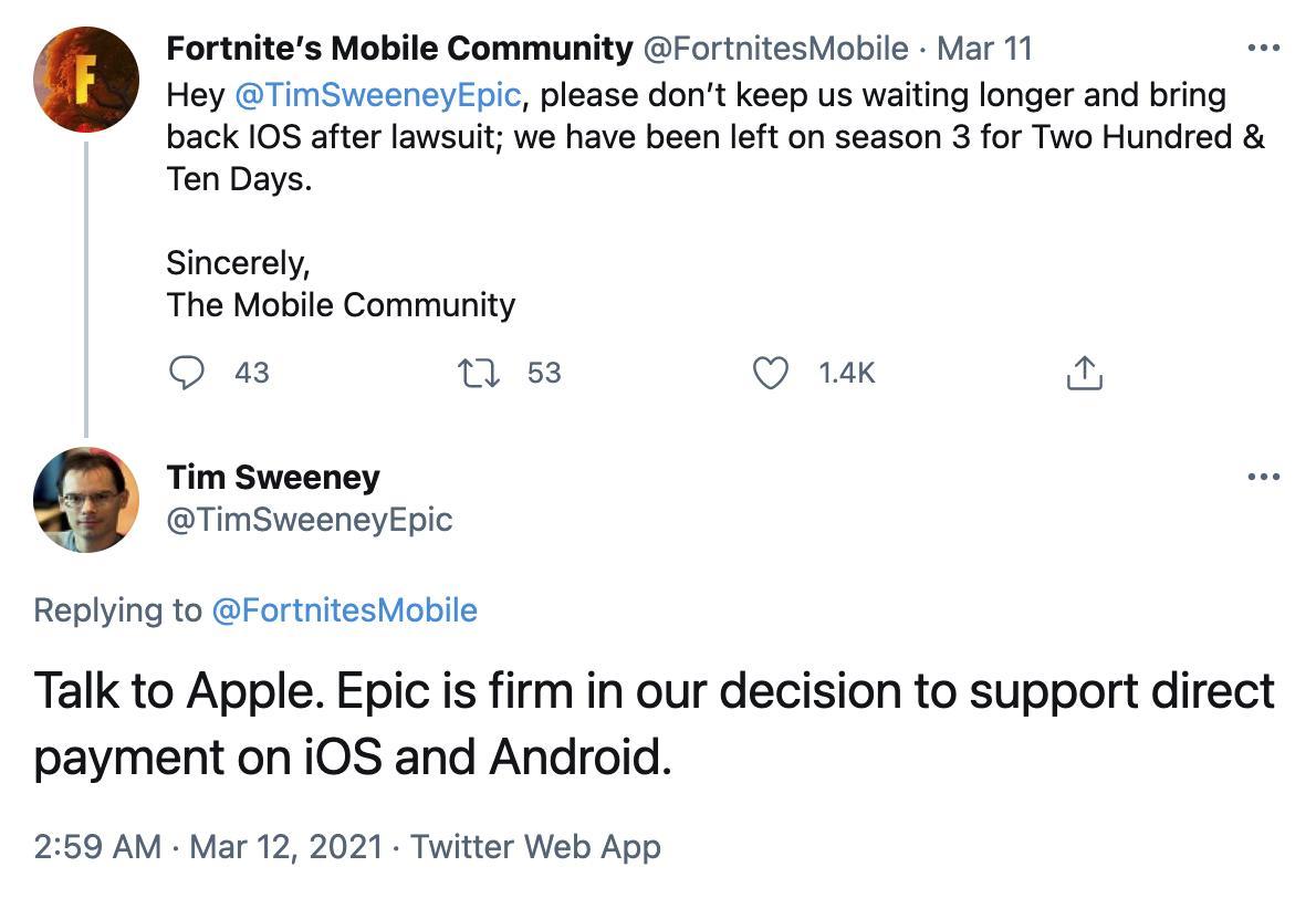 Epic首席执行官:坚定支持在iOS和Android平台上直接支付